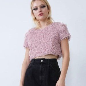NWT Zara faux lilac Purple Feather fluffy Fun crop top Medium
